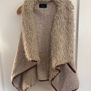 Love Tree Cream Faux-Sherpa Open Drape Vest with Brown Trim